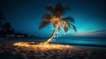 AI generated A single palm tree on a beach, wrapped in a string of light bulb garlands. photo