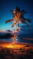 AI generated A single palm tree on a beach, wrapped in a string of light bulb garlands. photo