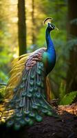 AI generated A regal peacock strutting through the forest, its iridescent feathers shimmering in the sunlight photo