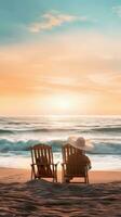 ai generado un romántico escena de un Pareja acurrucarse en un playa silla mientras acecho el olas foto