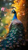 AI generated A regal peacock strutting through the forest, its iridescent feathers shimmering in the sunlight photo