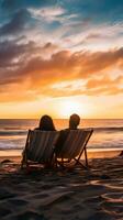AI generated A romantic scene of a couple cuddling on a beach chair while watching the waves photo