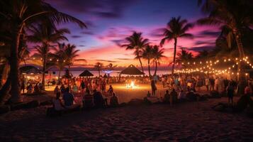 AI generated sandy beach at night with a bonfire, surrounded by people dancing and socializing photo