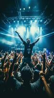 AI generated live band playing on stage in a dimly lit nightclub, with a sea of enthusiastic fans jumping photo