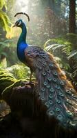 AI generated A regal peacock strutting through the forest, its iridescent feathers shimmering in the sunlight photo