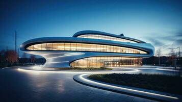 AI generated a futuristic building with a curved facade and sleek glass exterior photo