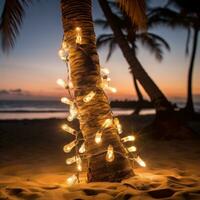AI generated A palm tree on a beach, surrounded by a string of light bulb garlands photo