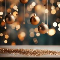 AI generated A minimalist yet festive background with gold ornaments and a blurred bokeh effect photo