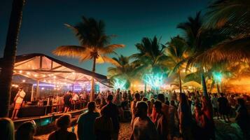 ai generado playa bar con brillante luces y animado música, rodeado por palma arboles y personas disfrutando el fiesta. foto