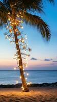 ai generado un palma árbol en un playa, rodeado por un cuerda de ligero bulbo guirnaldas foto
