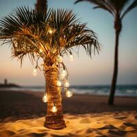 AI generated A palm tree on a beach, surrounded by a string of light bulb garlands photo