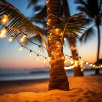 AI generated A palm tree on a beach, surrounded by a string of light bulb garlands photo
