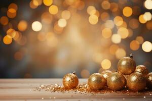 AI generated A minimalist yet festive background with gold ornaments and a blurred bokeh effect photo