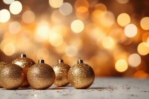 AI generated A minimalist yet festive background with gold ornaments and a blurred bokeh effect photo