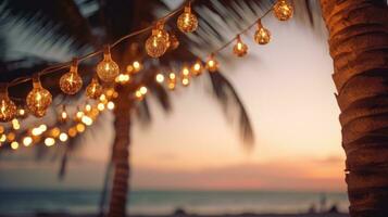 AI generated A palm tree on a beach, surrounded by a string of light bulb garlands photo