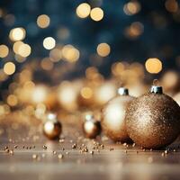 AI generated A minimalist yet festive background with gold ornaments and a blurred bokeh effect photo