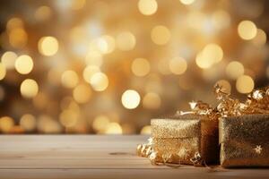 AI generated A minimalist yet festive background with gold ornaments and a blurred bokeh effect photo