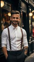 ai generado sonriente Barbero en pie en frente de su tienda foto