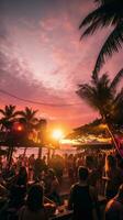 ai generado playa bar con brillante luces y animado música, rodeado por palma arboles y personas disfrutando el fiesta. foto