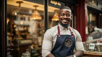 AI generated smiling barber standing in front of his shop photo