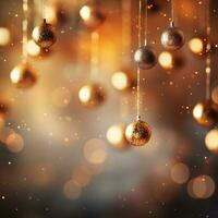 AI generated A minimalist yet festive background with gold ornaments and a blurred bokeh effect photo