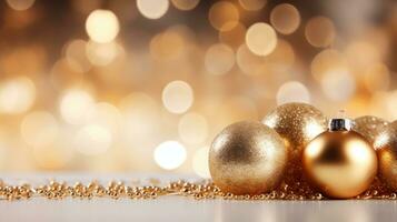 AI generated A minimalist yet festive background with gold ornaments and a blurred bokeh effect photo