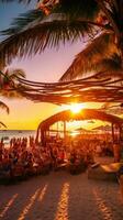 AI generated beach bar with bright lights and lively music, surrounded by palm trees and people enjoying the party. photo