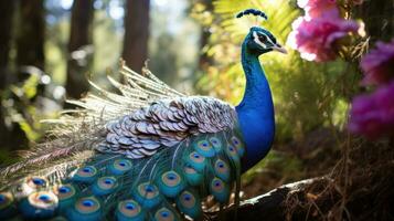 AI generated A regal peacock strutting through the forest, its iridescent feathers shimmering in the sunlight photo