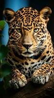 AI generated A majestic jaguar perched on a tree branch, staring into the distance with its piercing green eyes photo