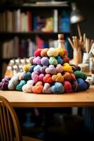 AI generated A knitter's workspace with a variety of colorful yarns and knitting needles on a wooden desk. photo