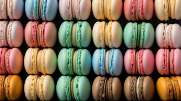 AI generated display case filled with colorful macarons, arranged in rows and hues of pastel pink, blue, green photo