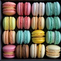 AI generated display case filled with colorful macarons, arranged in rows and hues of pastel pink, blue, green photo