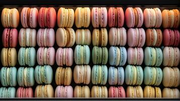 AI generated display case filled with colorful macarons, arranged in rows and hues of pastel pink, blue, green photo