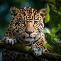 AI generated A majestic jaguar perched on a tree branch, staring into the distance with its piercing green eyes photo