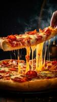 AI generated person taking a slice of pizza from a steaming hot pie, photo