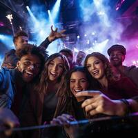 ai generado un grupo de personas en de moda trajes posando para un selfie con el DJ en el fondo, foto