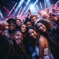 ai generado un grupo de personas en de moda trajes posando para un selfie con el DJ en el fondo, foto