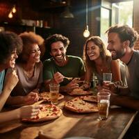 ai generado grupo de amigos reunido alrededor un mesa, cada participación un rebanada de Pizza con grande sonrisas en su caras foto