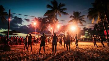ai generado un grupo de personas jugando playa vóleibol debajo el luces, con el sonido de el ondas. foto