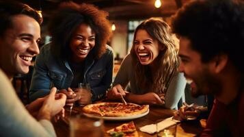 AI generated group of friends gathered around a table, each holding a slice of pizza with big smiles on their faces photo