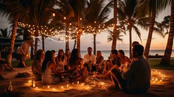 AI generated A group of people sitting on the sand around a bonfire, with palm trees and light bulb garlands photo