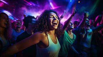 AI generated A group of young people dancing and laughing together in a packed nightclub photo