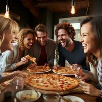 ai generado grupo de amigos reunido alrededor un mesa, cada participación un rebanada de Pizza con grande sonrisas en su caras foto