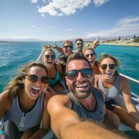 AI generated A group of friends having a fun day out on a speedboat photo