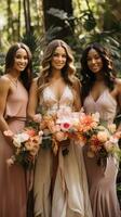 AI generated A group of bridesmaids holding colorful bouquets while standing in a lush garden. photo