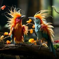 ai generado un par de tropical aves comprometido en un juguetón danza foto