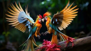 ai generado un par de tropical aves comprometido en un juguetón danza foto