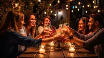 AI generated A group of friends clinking their drinks together in a toast at a table decorated photo