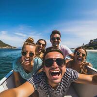 AI generated A group of friends having a fun day out on a speedboat photo