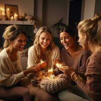 AI generated A group of women knitting together in a cozy living room with a fireplace in the background photo